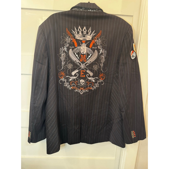 Marc Ecko Cut & Sew Navy Pinstripe Embroidered Crest Blazer Jacket XL Designer